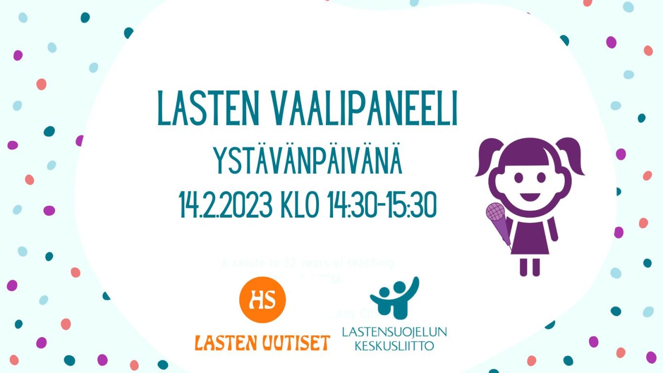 Kuvitettu violetti tyttöhahmo ja teksti Lasten vaalipaneeli ystävänpäivänä 14.2.2023 klo 14.30-15.30.